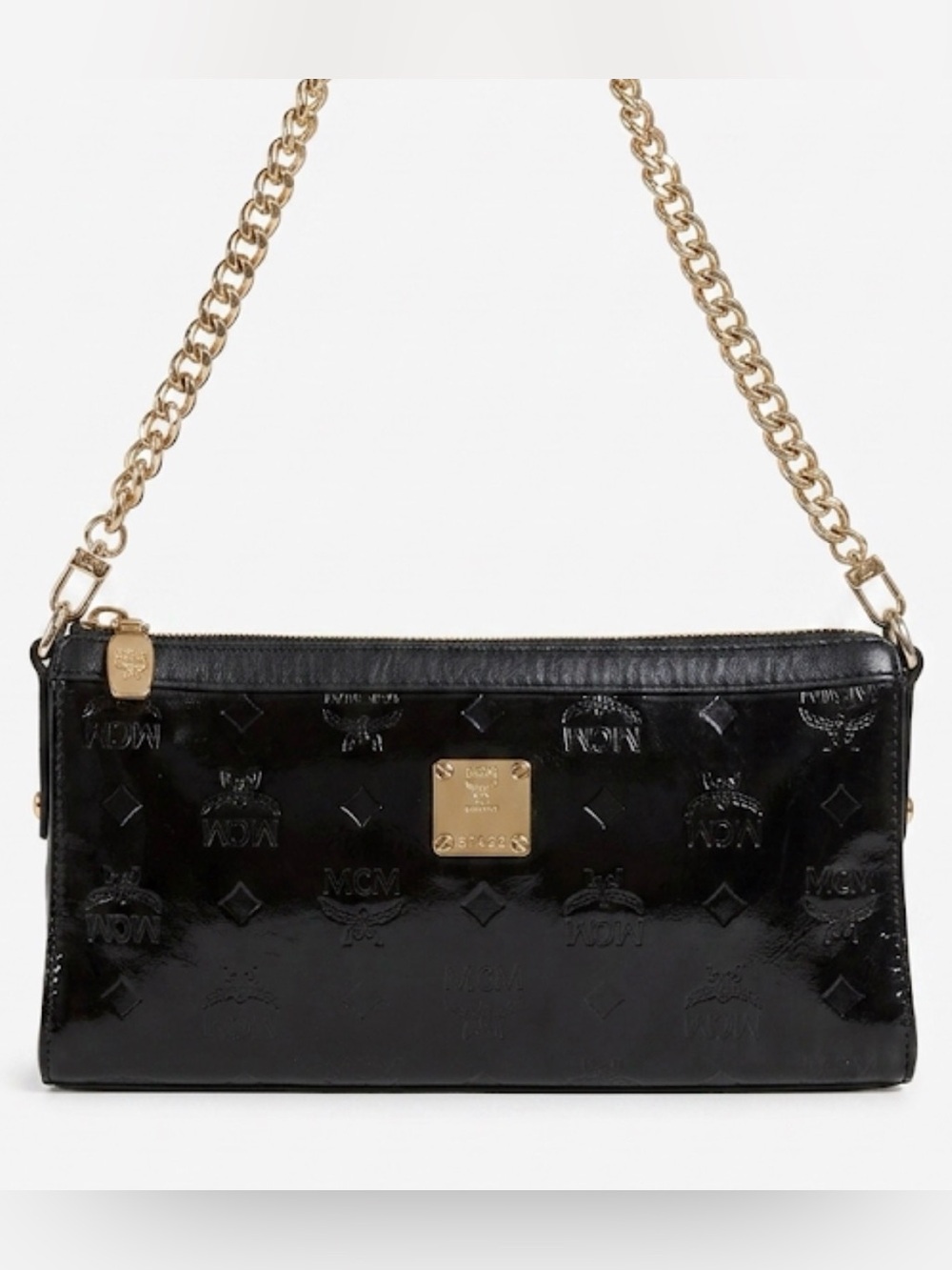 MCM Black Patent Leather Gold-Chain Wristlet Clutch